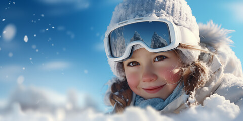 Fototapeta na wymiar Banner with cute smiling ski girl with snow copy space as the background. Shallow depth of field.