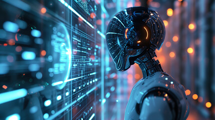 In a captivating tableau, a cutting-edge humanoid robot delves into knowledge, its sleek chrome silhouette immersed in a neon-lit holographic interface. A futuristic lab serves as a blurred backdrop,  - obrazy, fototapety, plakaty