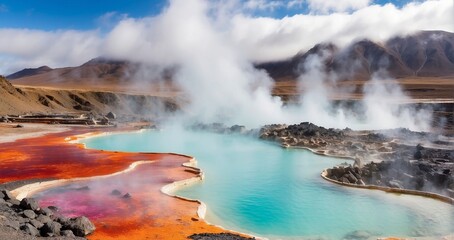 A serene scene featuring volcanic hot springs amidst a rugged landscape, with geothermal pools of steaming water surrounded by mineral-rich rocks and colorful microbial mats - Generative AI - obrazy, fototapety, plakaty