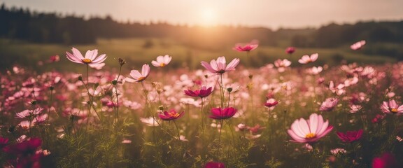 Obraz premium Vintage landscape nature background of beautiful cosmos flower field on sky with sunlight in spring