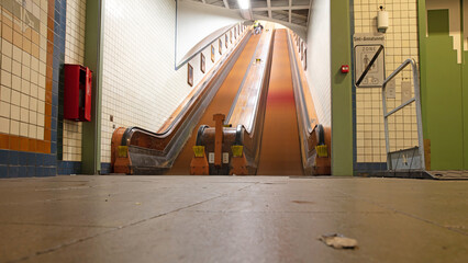 Antwerp, Belgium - Januari 1, 2024: Old Wooden Escalator At Pedestrians' Tunnel / St. Anna's Tunnel