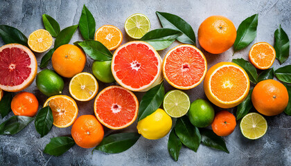 Fresh citrus fruits background. Orange, grapefruit, lemon, lime, tangerine. Mix citrus fruits with...
