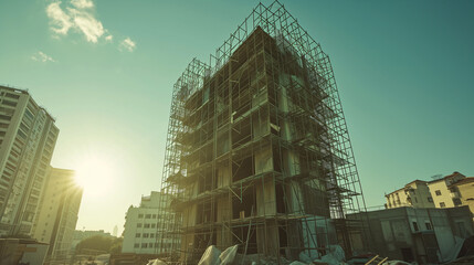 Urban Renewal in Progress: Sunlit Scaffolded Building Against Skyline