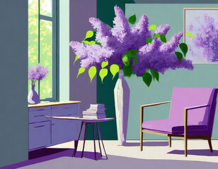 Fresh lilac escape. Lilac prints, cool purples. Contemporary furniture, clean lines. A vibrant and contemporary space inspired by the refreshing beauty of lilacs.