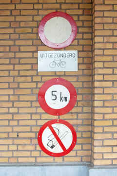 Old sigs saying no entry (except bicycles, no smoking an 5 kph