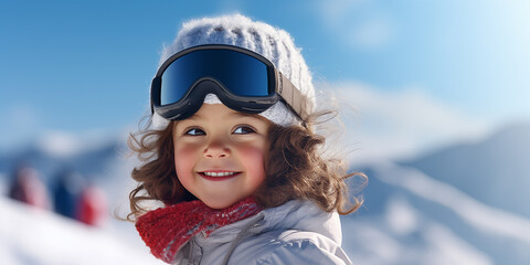 Banner with cute smiling girl in a ski glassess with mountain copy space as the background.  Shallow depth of field. 