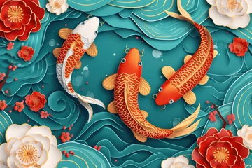  lucky koi fish in the water, Chinese new year and spring festival, poster and greeting card template, paper cut © Kien