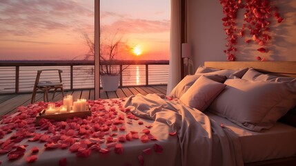 Romantic Sunset Ambiance with Rose Petals on Bed