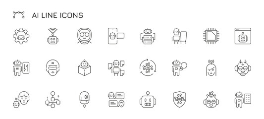 Ai line icon. Artificial intelligence bot, voice and text chatbot, computer vision and speech recognition, neural network and machine learning. Vector isolated set. Robot with chip in head - obrazy, fototapety, plakaty