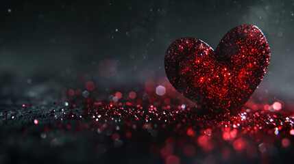 A single glittering heart stands out in the darkness, embodying the deep and vibrant passion of Valentine's Day