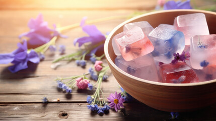 Ice cubes with herbs and flowers 