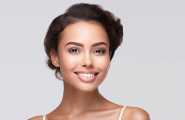 Beautiful young woman portrait, Smiling cute woman studio shot, isolated on gray background. People, beauty, cosmetics concept	