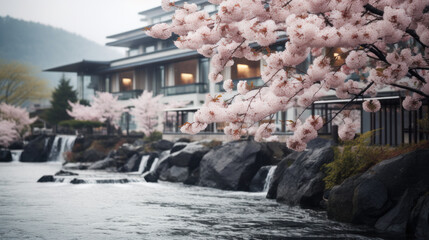 Cherry blossoms frame a tranquil riverside retreat, their delicate blooms heralding the cherished Japanese Hanami season - obrazy, fototapety, plakaty