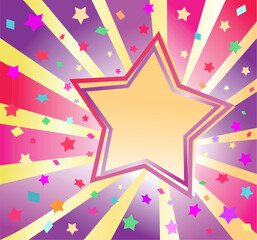 Bright poster disco party 70’s or 80’s style with red, pink, violet, lilac sunburst, confetti and gold star award sign