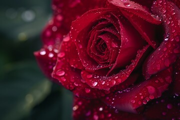 Close-up of a dew-kissed red rose the water droplets enhancing the natural beauty of the bloom capturing the delicate and romantic essence of a Valentine's Day morning
