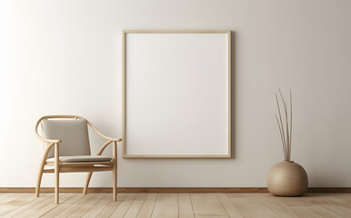 3D empty blank frame mockup with a chair in front of the wall