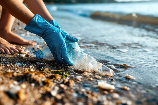 Detalle de manos recogiendo basura de una playa para prevenir la contaminación por plásticos micro plásticos