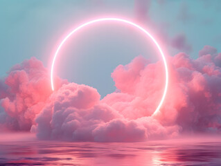 3D illustration of a glow pink circle in the sky with clouds and water