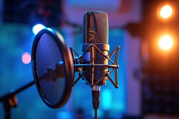 Fototapeta na wymiar Professional microphone equipment for recording podcast in studio lights