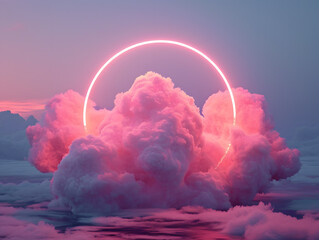 3D illustration of a glow pink circle in the sky with clouds and water
