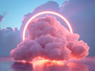 3D illustration of a glow pink circle in the sky with clouds and water