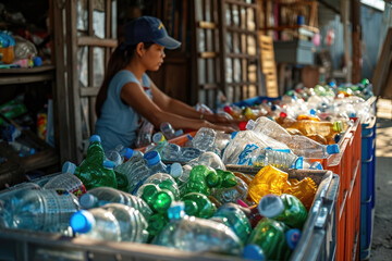 Fotografía de trabajadores de planta de reciclaje trabajando clasificando el plástico para ser reciclado