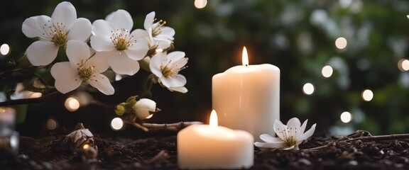 white flowering branch and 3 white candle lights outside in a garden, floral concept with burning candel