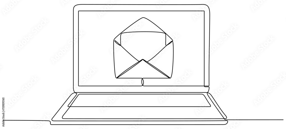 Poster laptop with open envelope continuous line drawing. send message concept. vector illustration isolate
