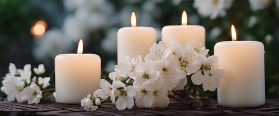 Fototapeta na wymiar white flowering branch and 3 white candle lights outside in a garden, floral concept with burning candel