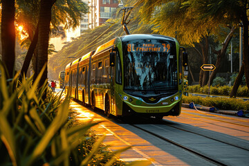 Fotografía de un autobús ecológico en una parada rodeado de áreas verdes, energía sostenible - obrazy, fototapety, plakaty