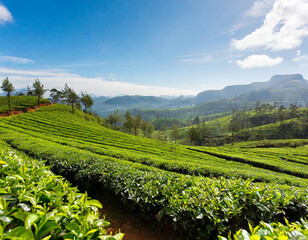 Fototapeta na wymiar Landscape of green tea plantation in up country near Nuwara Eliya, Sri Lanka. High quality photo. Green tea field for background