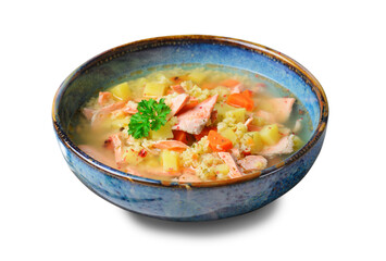 Fish Soup with Salmon, Millet and Vegetables, Tasty Meal on White Background