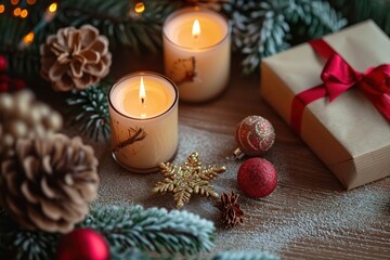 Christmas candles with decoration and gift box on table