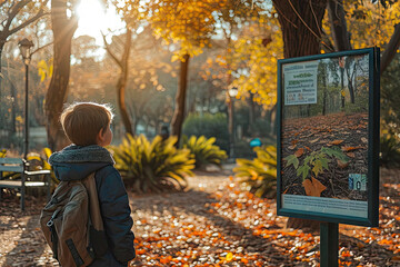 Fotografía de un niño leyendo un cartel educativo en un parque que destaca la importancia de cuidar el medio ambiente - obrazy, fototapety, plakaty