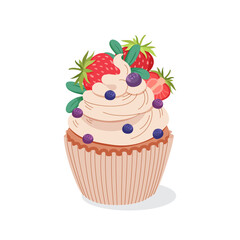 Cupcake Whipped cream Cupcake with strawberries and berries. Sweet pastry pastries with topping.