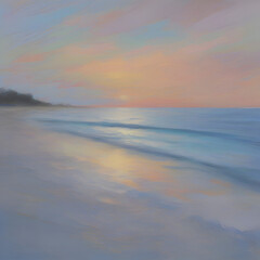 The beach at sunset. Pastel colors in impressionist style. Beach illustration. 