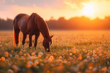 Horse grazing in meadow on sunset - obrazy, fototapety, plakaty