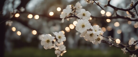 white flowering branch and 3 white candle lights outside in a garden, floral concept with burning candel