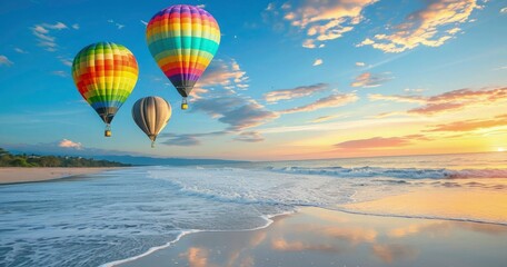 Fototapeta na wymiar Hot air balloons over sea beach view