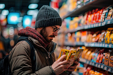 Fotografía de una persona leyendo etiquetas de productos en un supermercado, alimentación consciente - obrazy, fototapety, plakaty