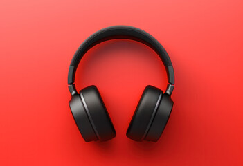 Fototapeta na wymiar black headphones on a red background 