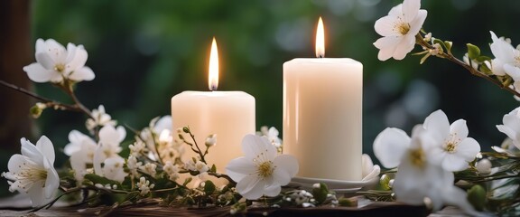 Fototapeta na wymiar white flowering branch and 3 white candle lights outside in a garden, floral concept with burning candel