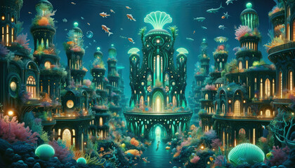 Luminous Underwater Metropolis: A Bioluminescent City with Art Nouveau Style