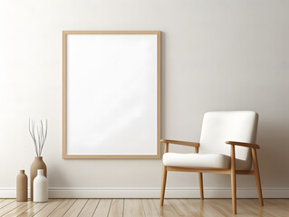 Fototapeta na wymiar 3D empty blank frame mockup with a chair in front of the wall