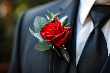 Red rose boutonniere pinned to a dapper suit lapel capturing the timeless elegance and sophistication of floral adornments on a romantic occasion - obrazy, fototapety, plakaty