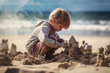 little boy play with sand on summer beach. Kid playing on tropical beach. Children play at sea on summer family vacation. Sand, sun protection for young child. building castle at ocean shore