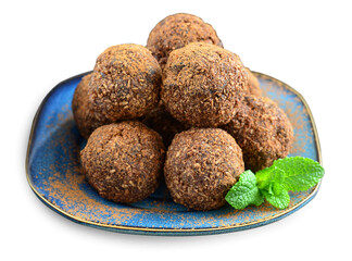 Raw Vegan Sweet Balls, Carob, Cocoa and Date Candies on White Background