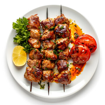 Top view Kebabs - grilled meat and vegetables on skewers on white plate isolated on  white background