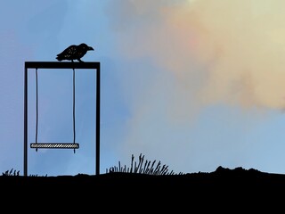 clever crow perched on a child's swing in the evening