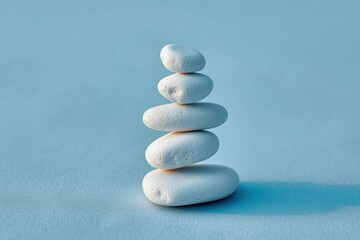 Fototapeta na wymiar White sea pebble stone stack on light blue background.